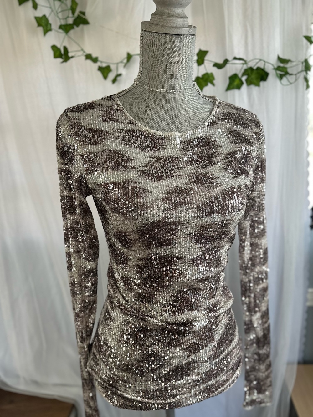 Free People Sequin Camouflage Long Sleeve Top in Brown and Silver